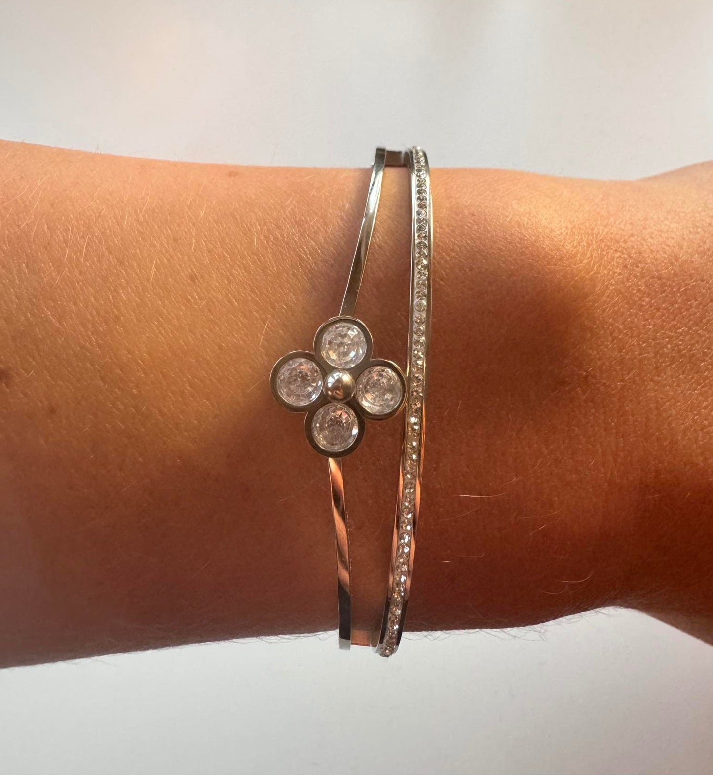 Stainless Steel Lucky Grass Zircon Clover Bracelet - Silver