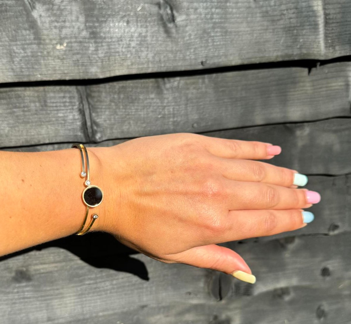 Geometric Gold Bangle with Black Stone and Zircon Accents - Stainless Steel