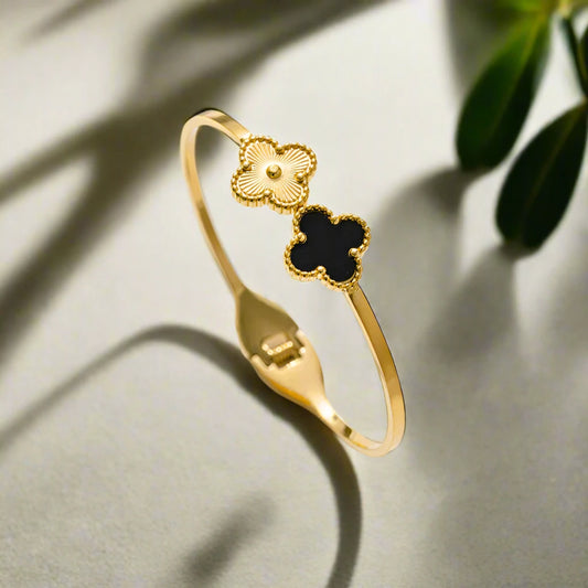 IG Style Clover Bangle - 18k Gold Plated with Golden Clover & Black Shel