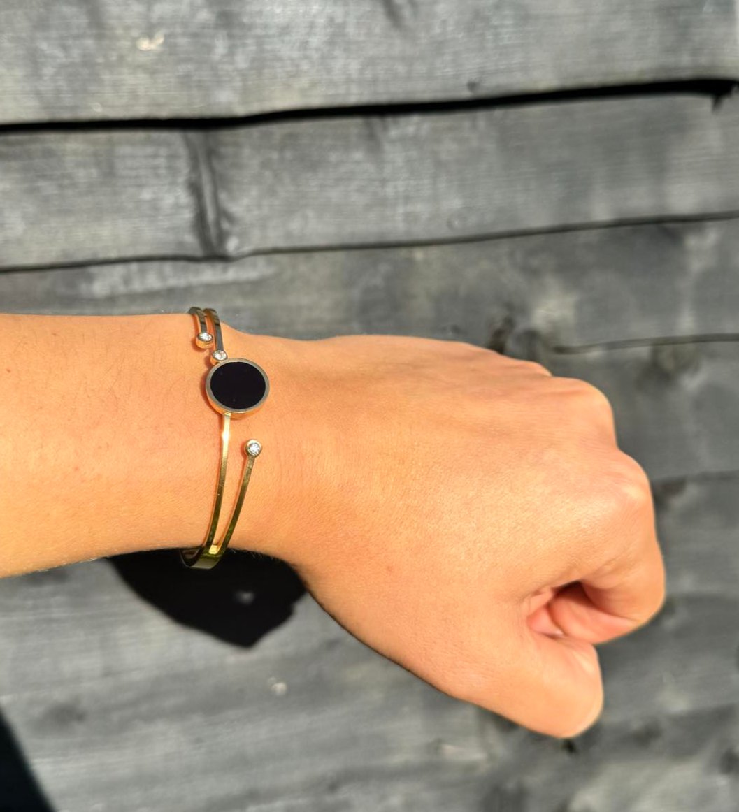 Geometric Gold Bangle with Black Stone and Zircon Accents - Stainless Steel