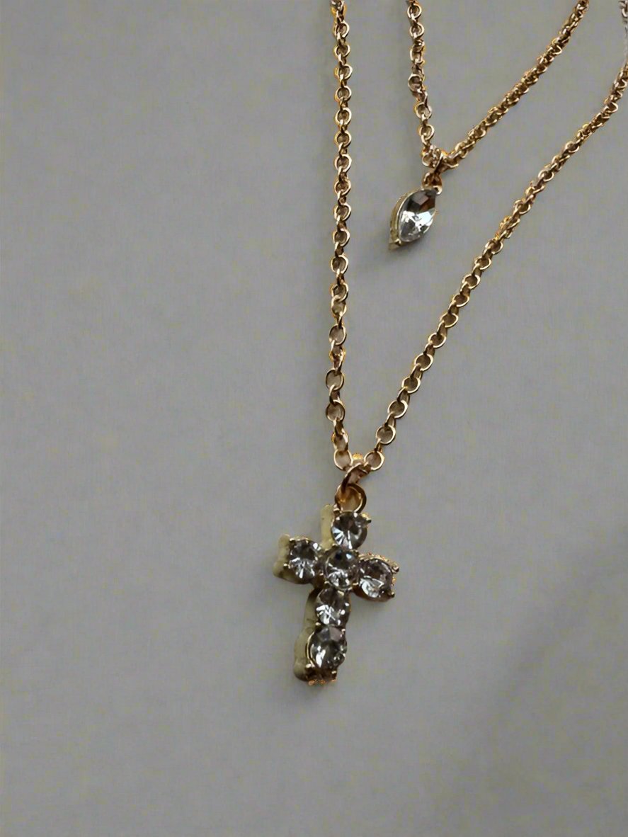 Elegant Double Chain Necklace with Zircon Cross and Oval Pendant