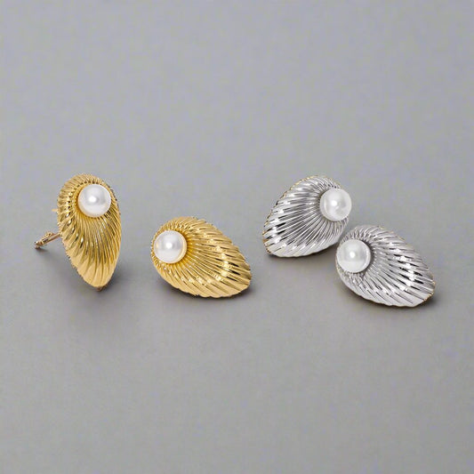 Elegant Silver Stud Earrings with Pearl - Stainless Steel