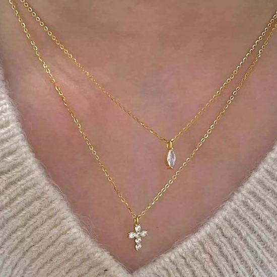 Elegant Double Chain Necklace with Zircon Cross and Oval Pendant