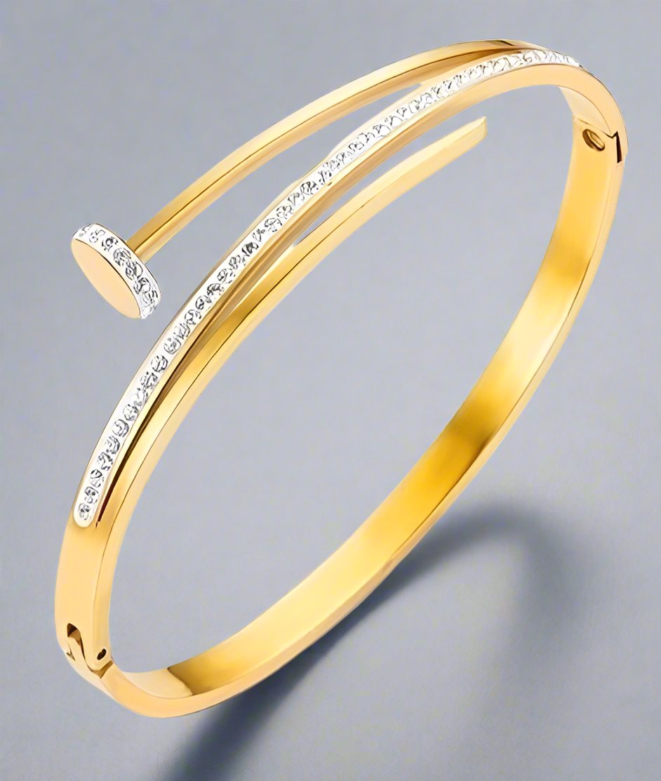 Gold Screw-Shaped Bangle with Zircon Accents - Stainless Steel