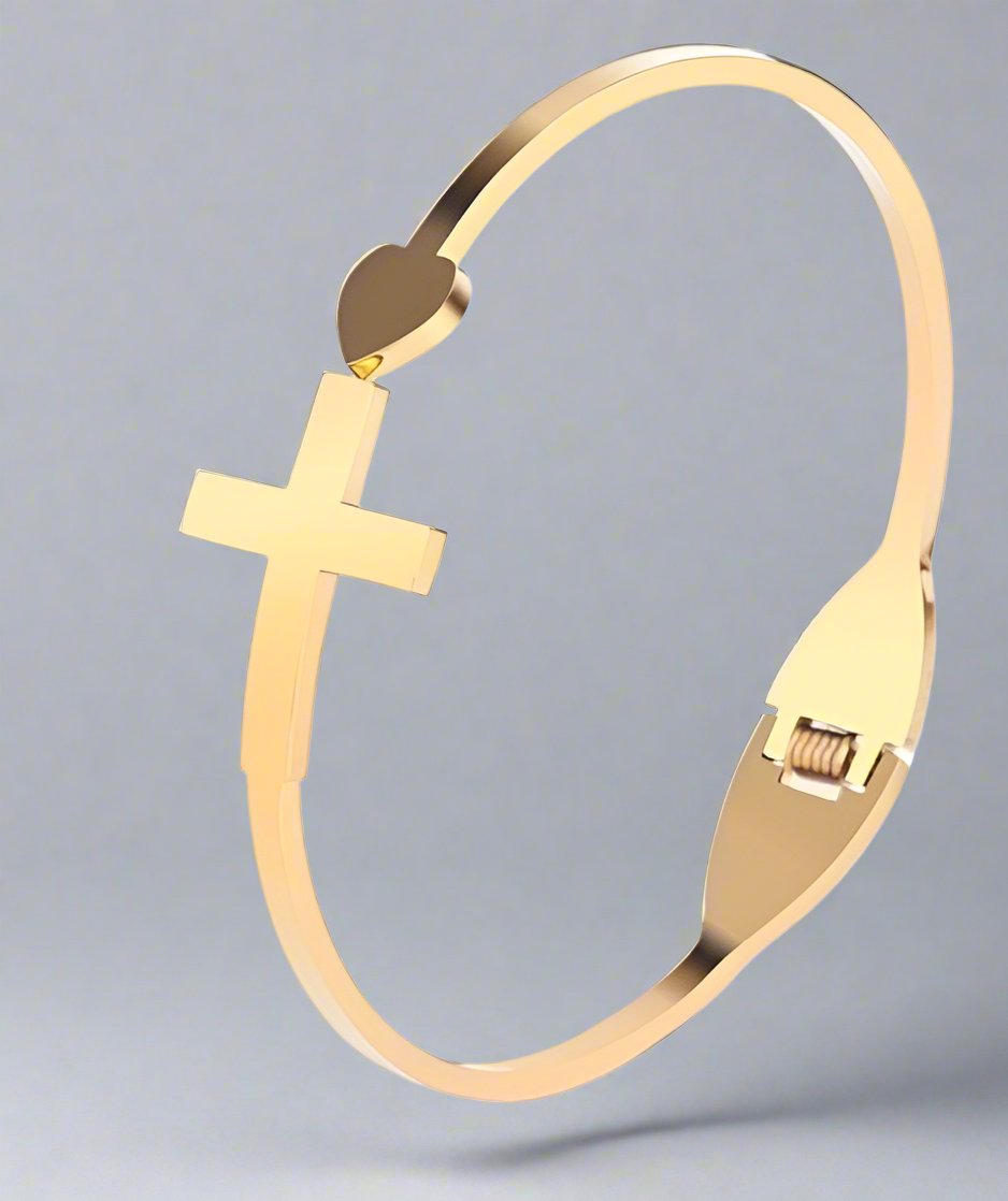 Geometric Bangle with Cross - Stainless Steel