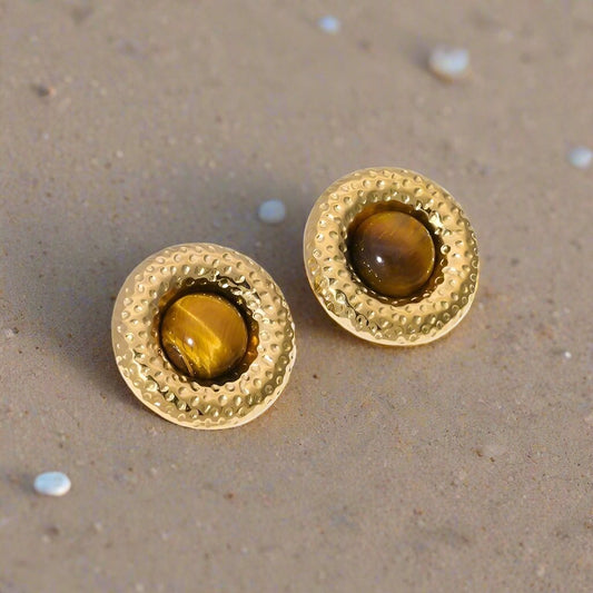 Luxurious Amber Round Geometric Stud Earrings - Stainless Steel Electroplated